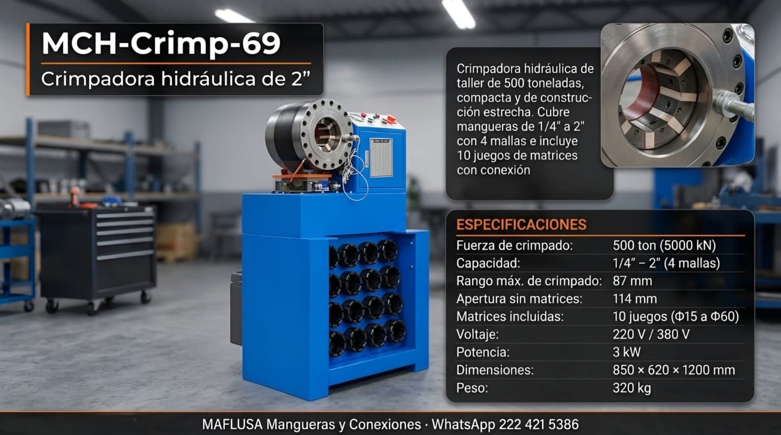 Crimpadora hidráulica de 2" MCH-Crimp-69 — 500 toneladas, con 10 juegos de matrices